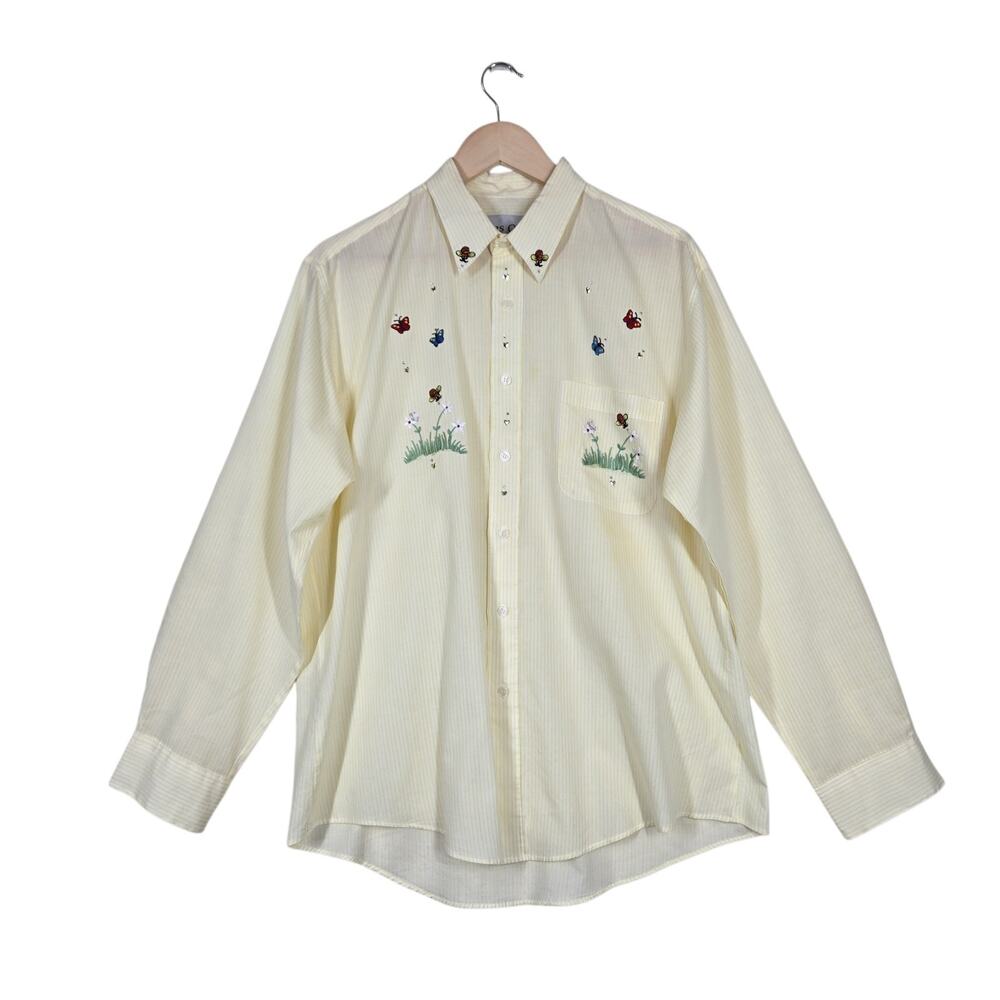 Vintage Las Olas Butterfly Embroidered Button Shirt L Yellow Stripe Cottagecore